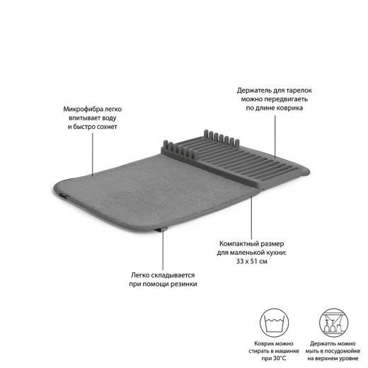 Коврик для сушки посуды Udry, 33x50,8 см, темно-серый